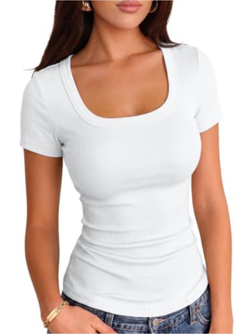 Square Neck Ribbed Knit Slim Fitted Short Sleeve Casual Top